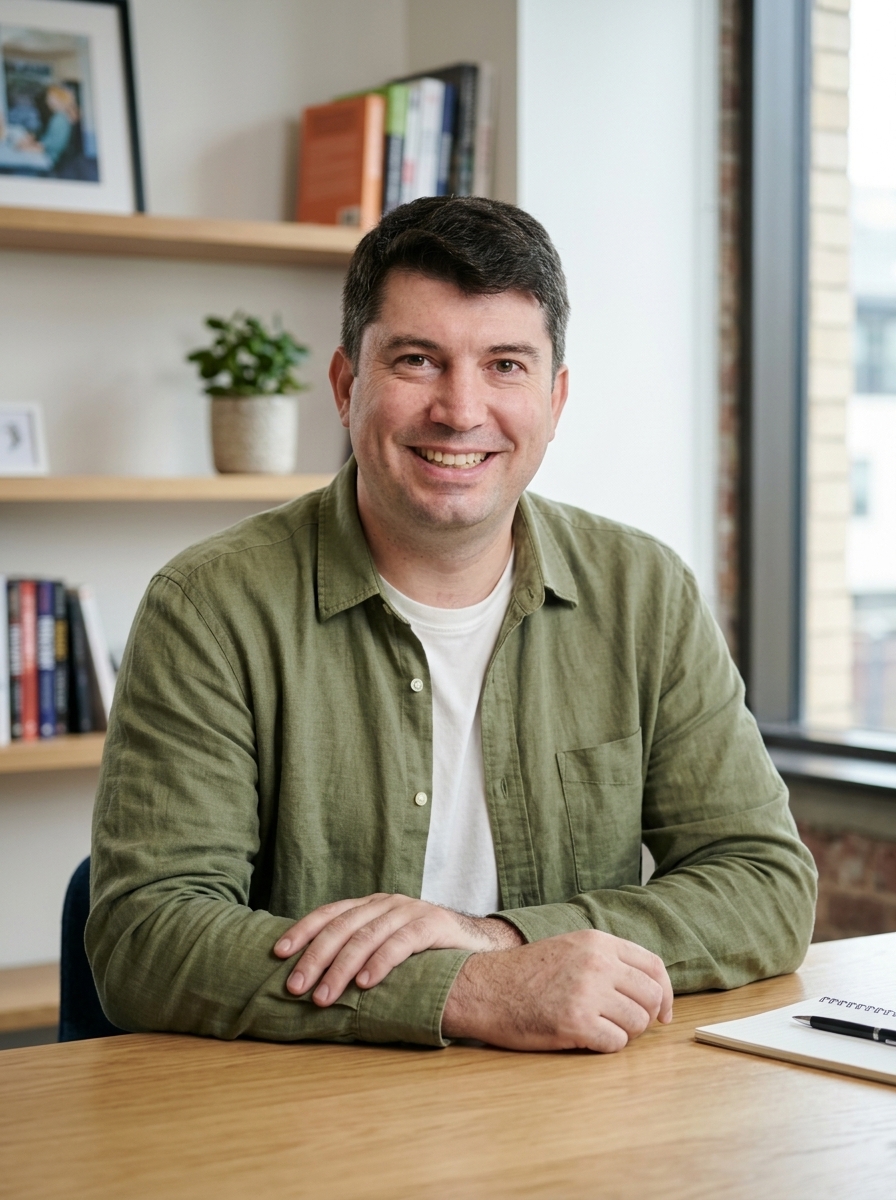 Vlad, the web designer behind b-seen, at his desk in Smithfield